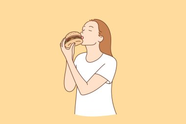Genç kadın büyük bir hamburger yiyor. El çizimi biçim vektör tasarımı çizimleri