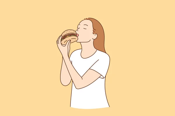 Young Woman Eating Big Hamburger Hand Drawn Style Vector Design — Stock Vector