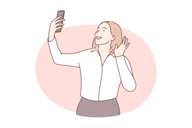 Genç bir iş kadını telefonda video görüşmesiyle birini selamlıyor. El çizimi biçim vektör tasarımı çizimleri