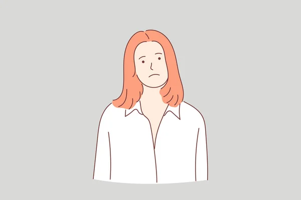 Mujer Joven Infeliz Insatisfecha Frunce Ceño Triste Ilustraciones Diseño Vectorial — Vector de stock