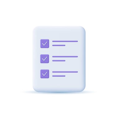 Belge kontrol listesi simgesi. Dosya, pano, kontrol listesi, iş yeri, ofis, finans, iş. 3 boyutlu tasarım konsepti. Vektör illüstrasyonu