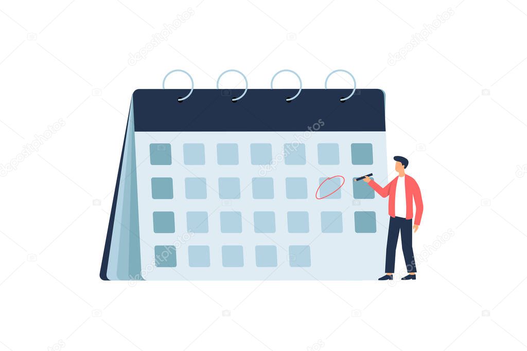 Businessman planning event for schedule, agenda, time management. Vector illustration