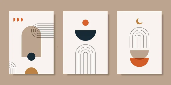 Basit geometrik elementlerle soyut arka planların toplanması. Posterler, kapaklar, afişler, sosyal medya paylaşımları için minimalist boho tarzı ve pastel renklerle kaplayın