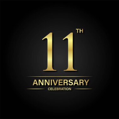 Altın rengi ve siyah arkaplanlı 11. yıldönümü kutlaması. Kutlamalar, davetiyeler ve tebrik kartları için vektör tasarımı.