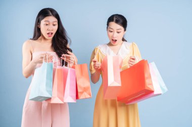 İki genç Asyalı kadın mavi arka planda alışveriş çantası tutuyor.