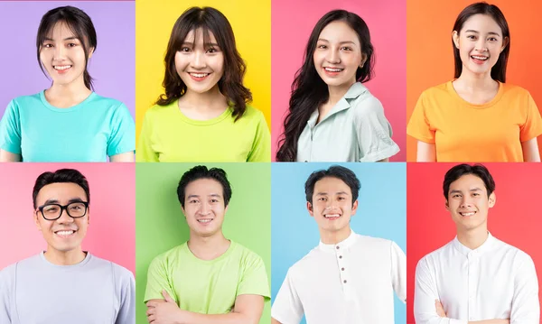 Foto Collage Van Vrolijke Aziatische Jongeren — Stockfoto