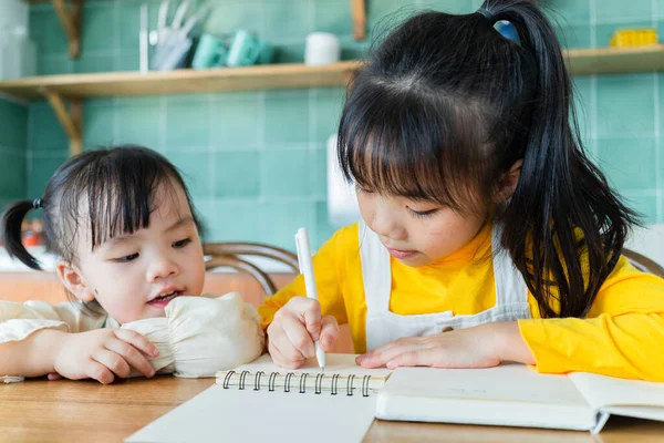 Két Ázsiai Gyermek Portréja Otthon — Stock Fotó
