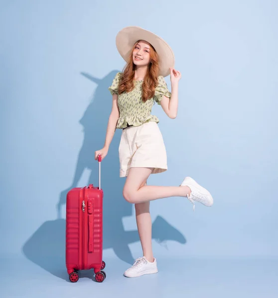 Full Length Image Young Asian Girl Suitcase Blue Background Travel — Stock Photo, Image