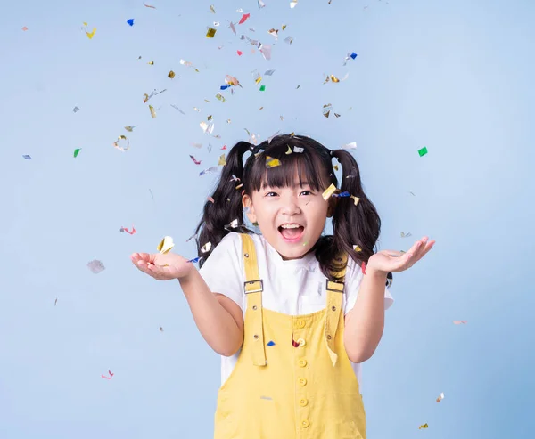 Portrait Asian Child Posing Blue Background — Foto Stock