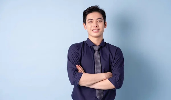 Portrait Young Asian Businessman Posing Blue Background — стокове фото