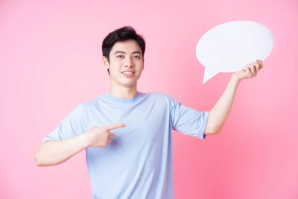 Image Young Asian Man Holding Message Bubble Pink Background — Stock Fotó
