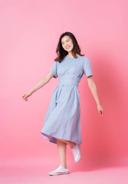 Full Length Image Young Asian Woman Wearing Blue Dress Pink — стокове фото
