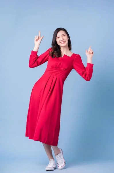 Full Length Image Young Asian Woman Wearing Red Dress Blue — стокове фото