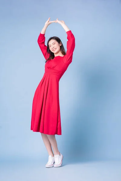 Full Length Image Young Asian Woman Wearing Red Dress Blue — стокове фото