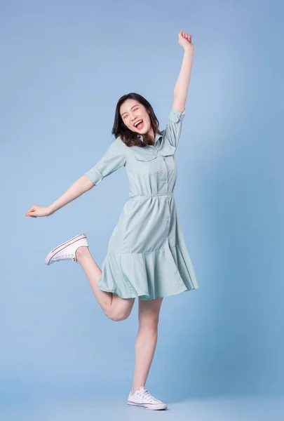 Full Length Image Young Asian Woman Wearing Dress Blue Background — Stock Photo, Image