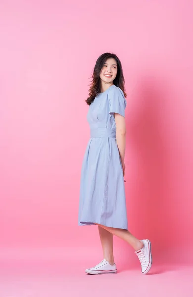 Full Length Image Young Asian Woman Wearing Blue Dress Pink — 스톡 사진