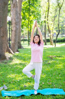 Parkta orta yaşlı Asyalı kadın egzersizi.
