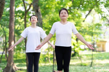 Parktaki Asyalı anne ve kız egzersizi