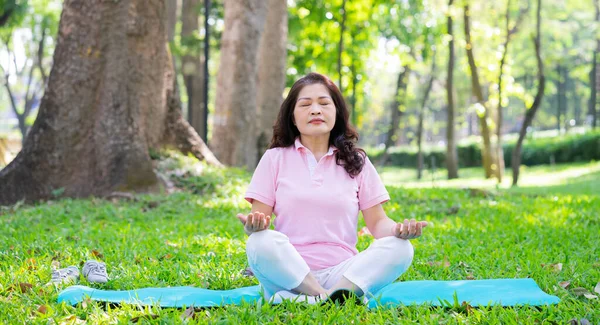 Parkta orta yaşlı Asyalı kadın egzersizi.