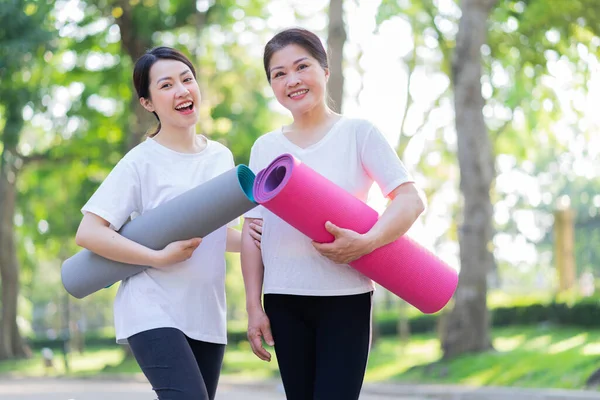 Parktaki Asyalı anne ve kız egzersizi