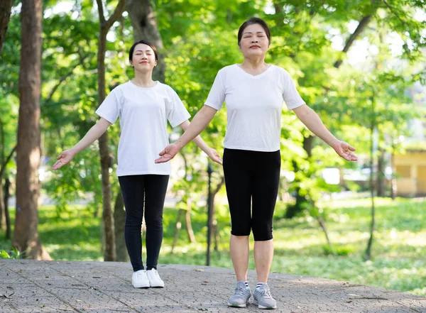 Parktaki Asyalı anne ve kız egzersizi