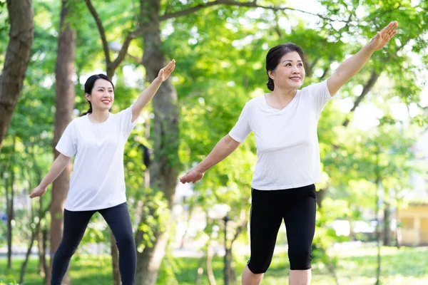 Parktaki Asyalı anne ve kız egzersizi