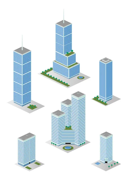 Isométrico Alto Cidade Escritório Edifícios Pacote —  Vetores de Stock