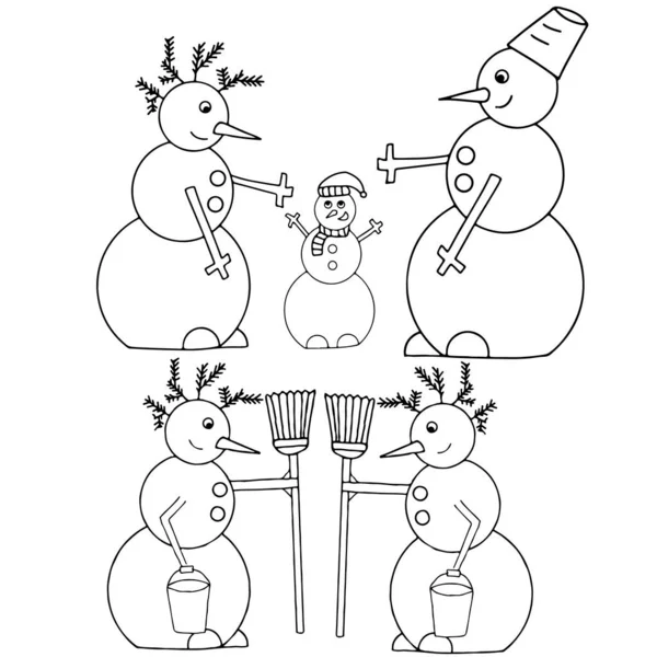 2つの雪だるまの主題のベクトルイラストのセット 彩色用の絵 雪だるまの家族 ほうきとバケツ付きの雪だるま — ストックベクタ
