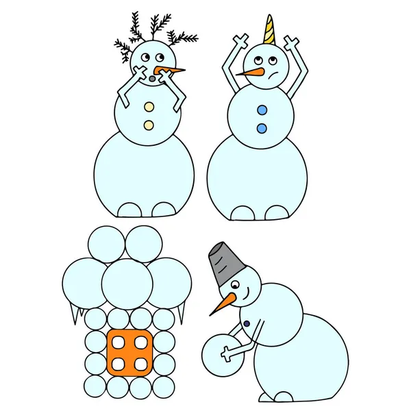 雪人的两个彩色主题矢量插图 雪人独角兽 雪人建造了一座雪屋 — 图库矢量图片