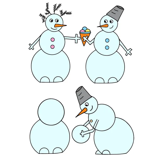 雪人与雪人的两张彩图 雪人与冰淇淋 雪人与雪人的雕塑 — 图库矢量图片