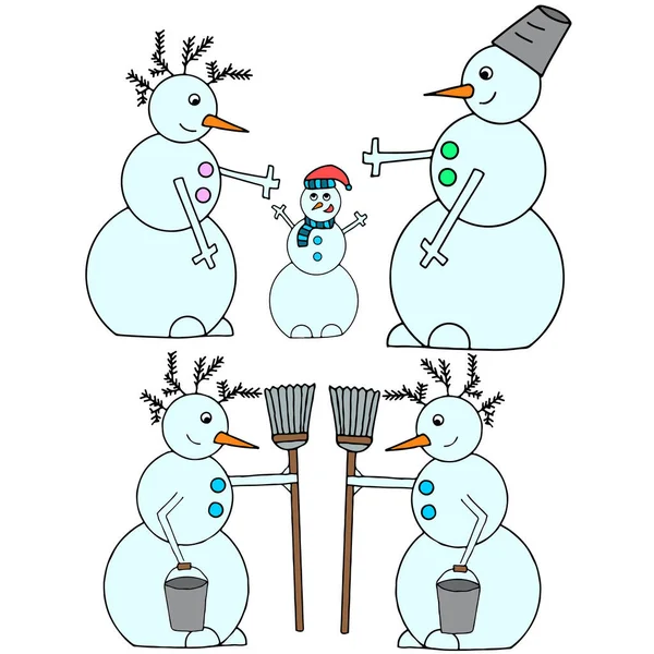 雪だるまの2色の主題のベクトルイラスト 雪だるまの家族だ ほうきとバケツ付きの雪だるま — ストックベクタ