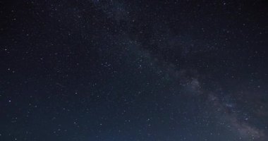 Karanlık bir gecede yıldızlı gökyüzü. Yıldızların gece hareketi, gökyüzünde hareket eden Samanyolu. Zaman Uygulaması