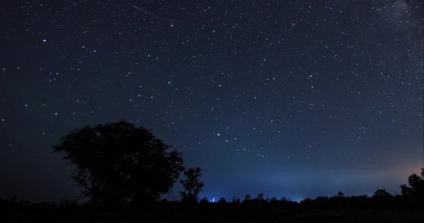 在漆黑的夜晚 星空闪烁 夜空中的星星在移动 银河在天空中穿行 时间流逝 — 图库视频影像
