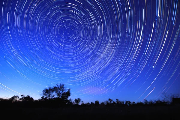 Trilhas Estelares Céu Movimento Das Estrelas Sobre Campo Uma Árvore — Fotografia de Stock