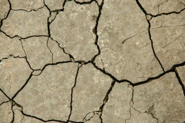 Parched earth that is cracked gray, it hasn't rained for a long time. The texture of the soil.