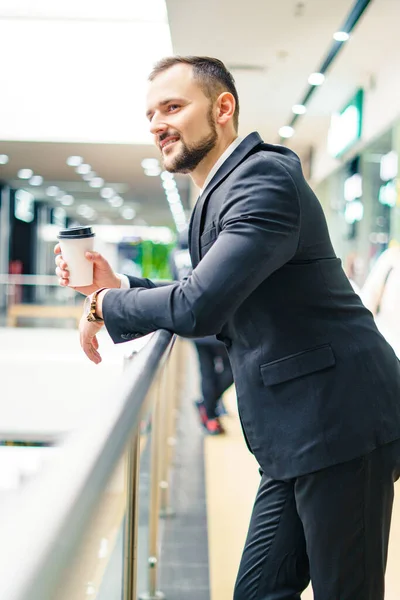 Young Bearded Man Dressed Business Suit Mall Cup Coffee Young — Foto de Stock