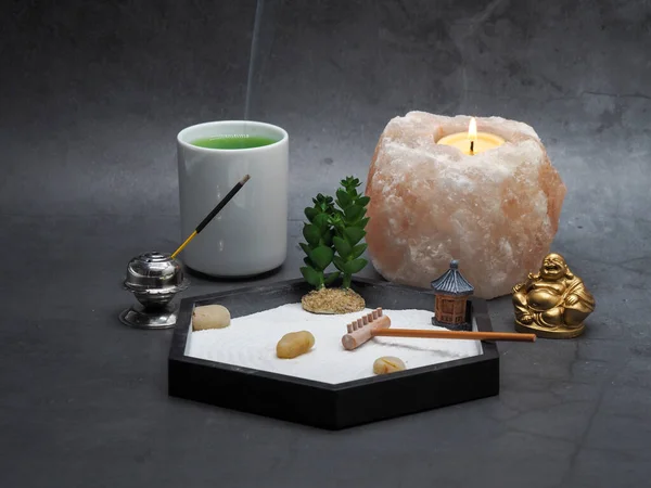 Meditation Wellness Package Withzen Garden Green Tea Incense Buddha Himalayan — Stock Photo, Image