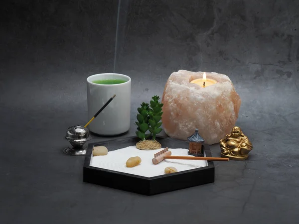 Zen Garden Gold Buddha Incense Himalayan Salt Candle Green Tea — Stock Photo, Image