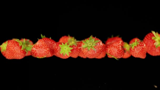 Vliegende aardbeien voor zwarte achtergrond in slow motion — Stockvideo