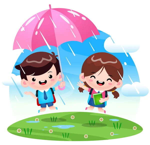 Illustrationsvektorgrafik Von Happy Cute Student Jumping Rain Perfekt Für Kinderbuchcover — Stockvektor