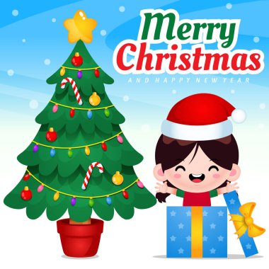 Noel ve Yeni Yılı Kutlayan Kız 'ın illüstrasyon vektör grafiği. Noel kartı, afiş, poster, çocuk kitapları kapağı, çocuk kitabı illüstrasyonu vs. için mükemmel..