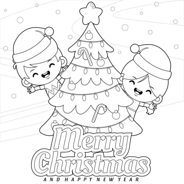 Illustrationsvektorgrafik Des Malbuchs Für Kinder Niedliche Kinder Feiern Weihnachten Gut — Stockvektor