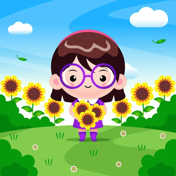 Εικονογράφηση Διάνυσμα Γραφικών Του Cartoon Χαριτωμένο Κορίτσι Εκμετάλλευση Λουλούδι Κουβά — Διανυσματικό Αρχείο