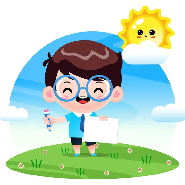 Illustration Vektorgrafik Von Cartoon Cute Student Boy Holding Papier Und — Stockvektor