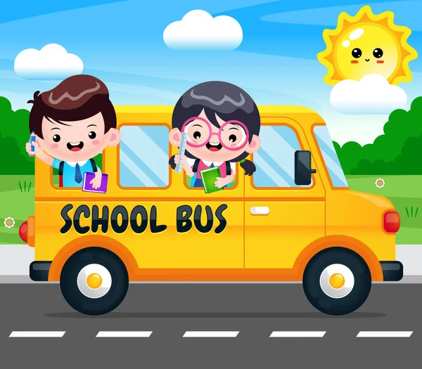 Illustration Vector Graphic Cartoon School Bus Happy Children Back School - Stok Vektor