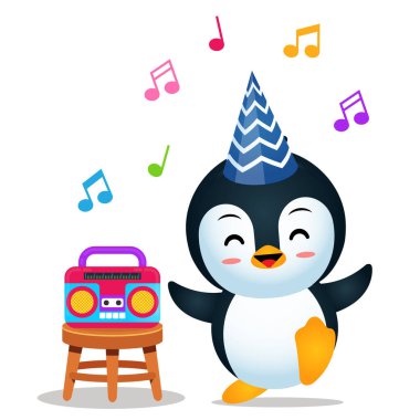 Illustration vector graphic of Cute Penguin Dancing Listening Music From Radio. Perfect for children books cover, children book illustration,game illustrations, game asset,animation,etc