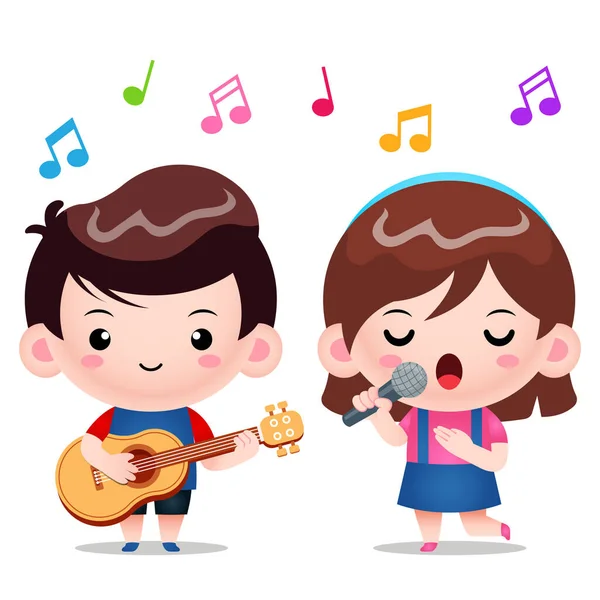 可爱男孩弹吉他 女孩唱歌曲 的插图矢量图形 适用于儿童图书封面 儿童图书插图 游戏插图 游戏资产 动画等 — 图库矢量图片