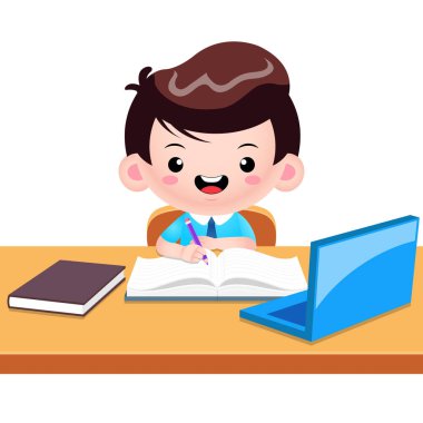 Illustration vector graphic of Happy Boy Writing On A Book. Perfect for children books cover, children book illustration,game illustrations, game asset,animation,etc