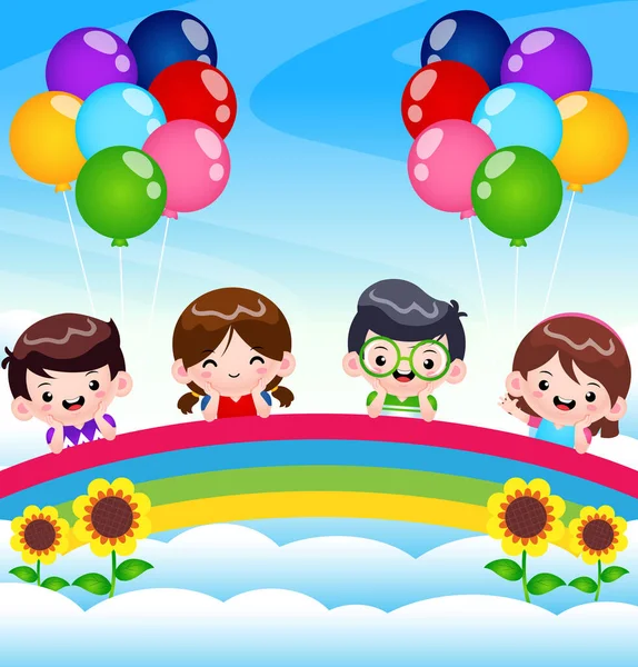 一组躺在彩虹上的儿童的说明性矢量图形 适用于儿童图书封面 儿童图书插图 游戏插图 游戏资产 动画等 — 图库矢量图片