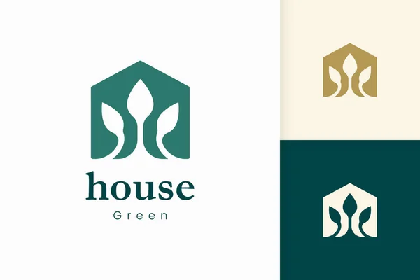 Logo Přírodního Zeleného Domu Tvaru Stromu Listí — Stockový vektor